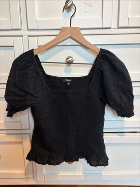 Madewell Black Puff-Sleeve Smocked Square-Neck Blouse